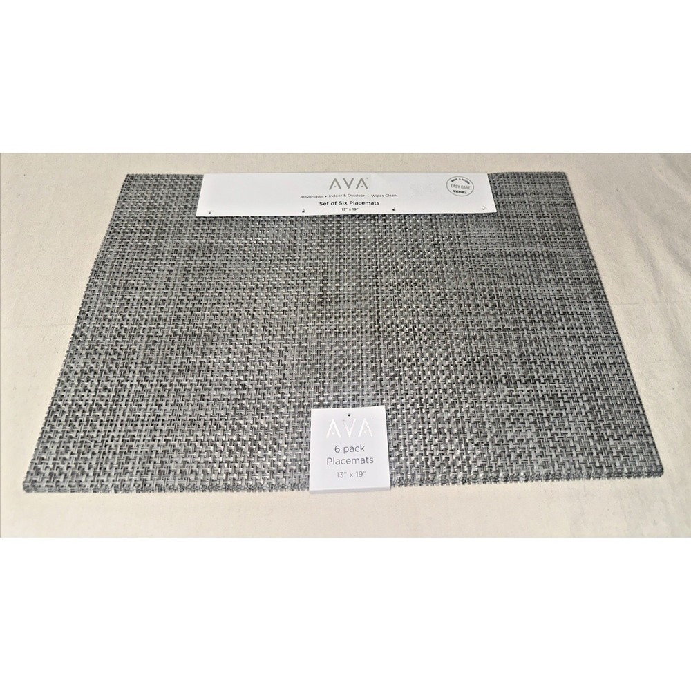 AVA 6 Pack Placemats Gray Woven 13x19 Polyester PVC Easy Care